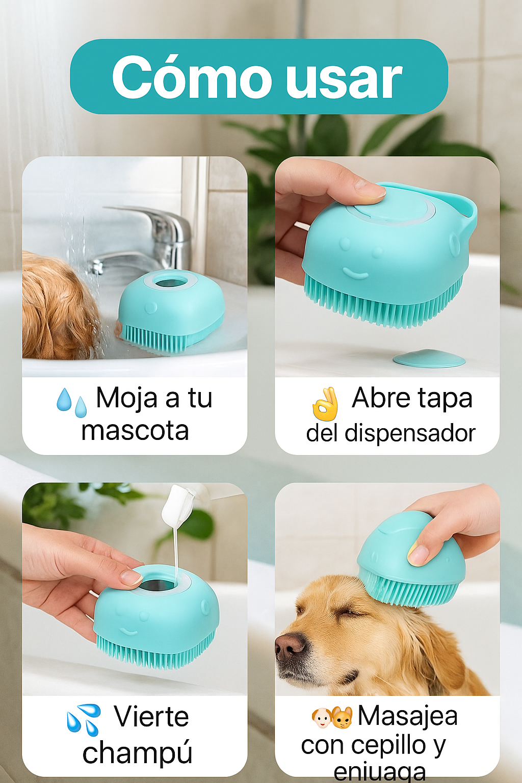 Mizkotas - Cepillo Silicona 2 en 1 con Dispensador de Champú para Mascotas