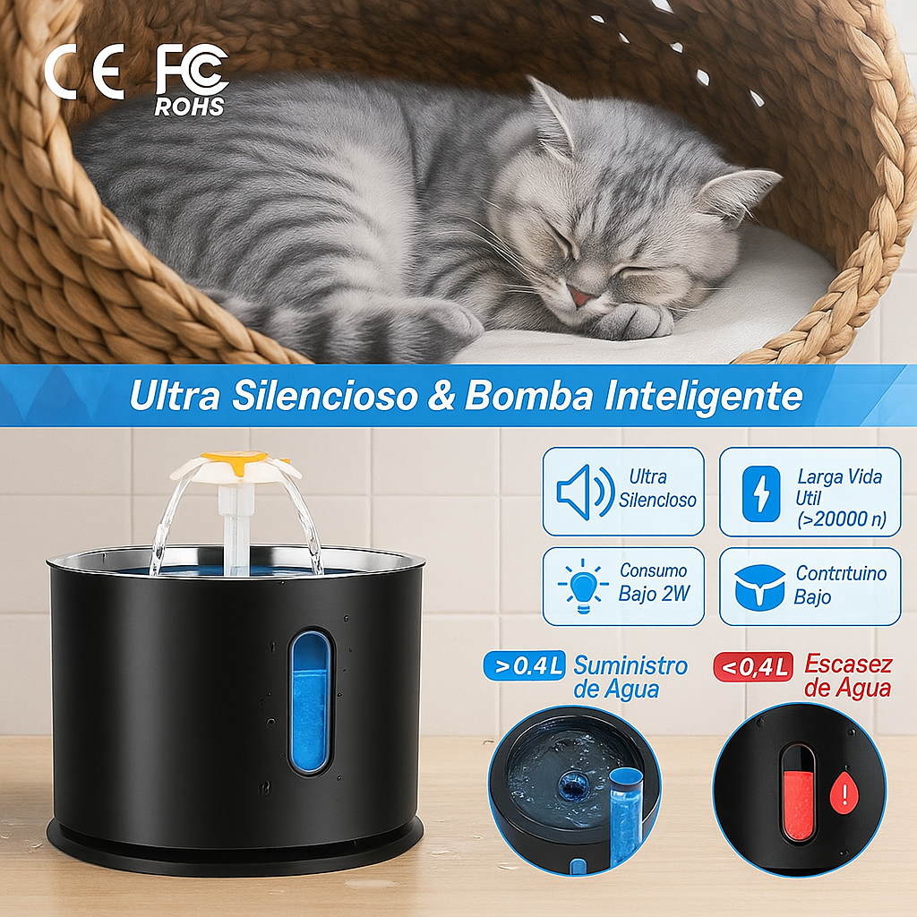 Mizkotas - Fuente Automática 2.4L con Bomba Inteligente y LED para Gatos
