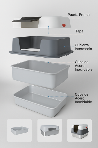 Mizkotas CleanBox Pro – Caja de Arena Inoxidable para Gatos