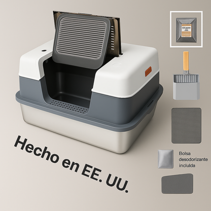 Mizkotas CleanBox Pro – Caja de Arena Inoxidable para Gatos